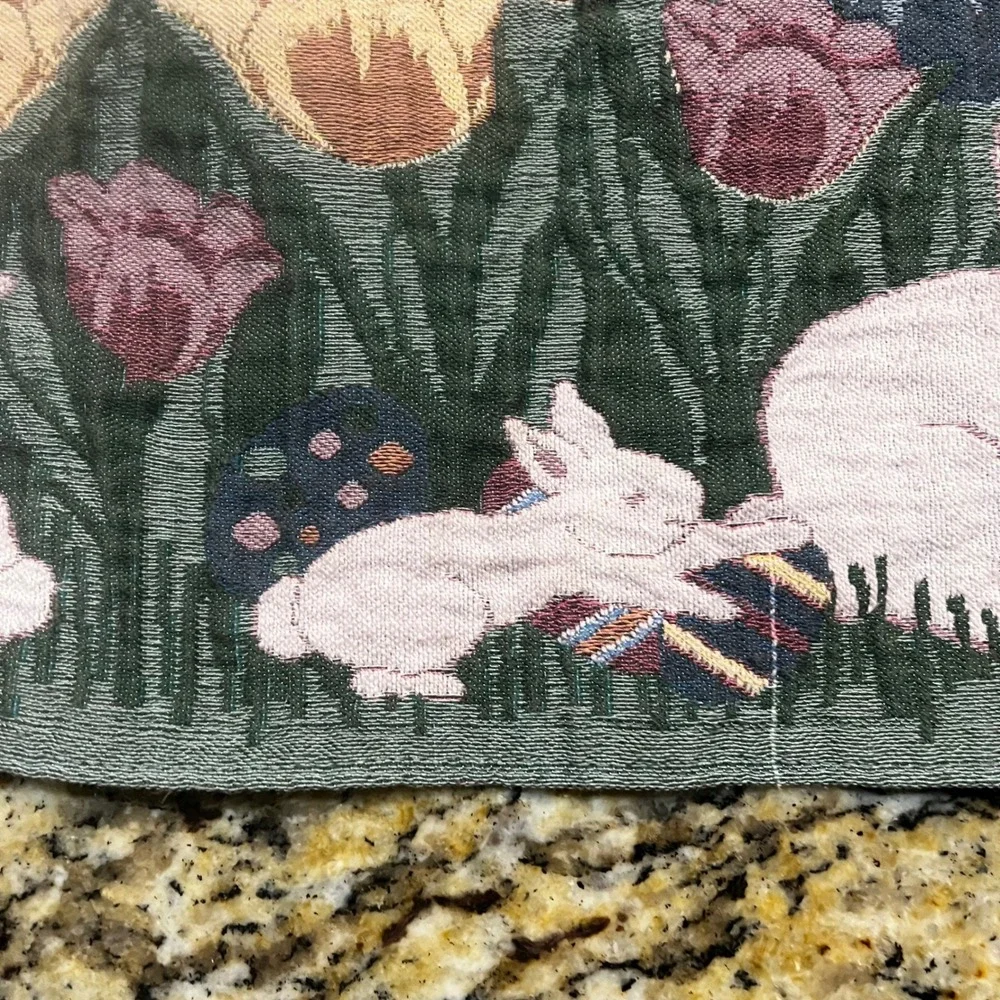 Easter Bunny Woven Tapestry Table Runner Spring Tulips Eggs‎ 72 Inch Cottagecore